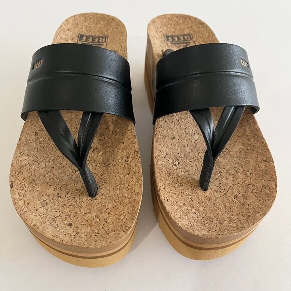 NEW REEF Vista Higher Lennox Platform Thong Comfort Sandal Vegan Leather Black 5 - Picture 7 of 13